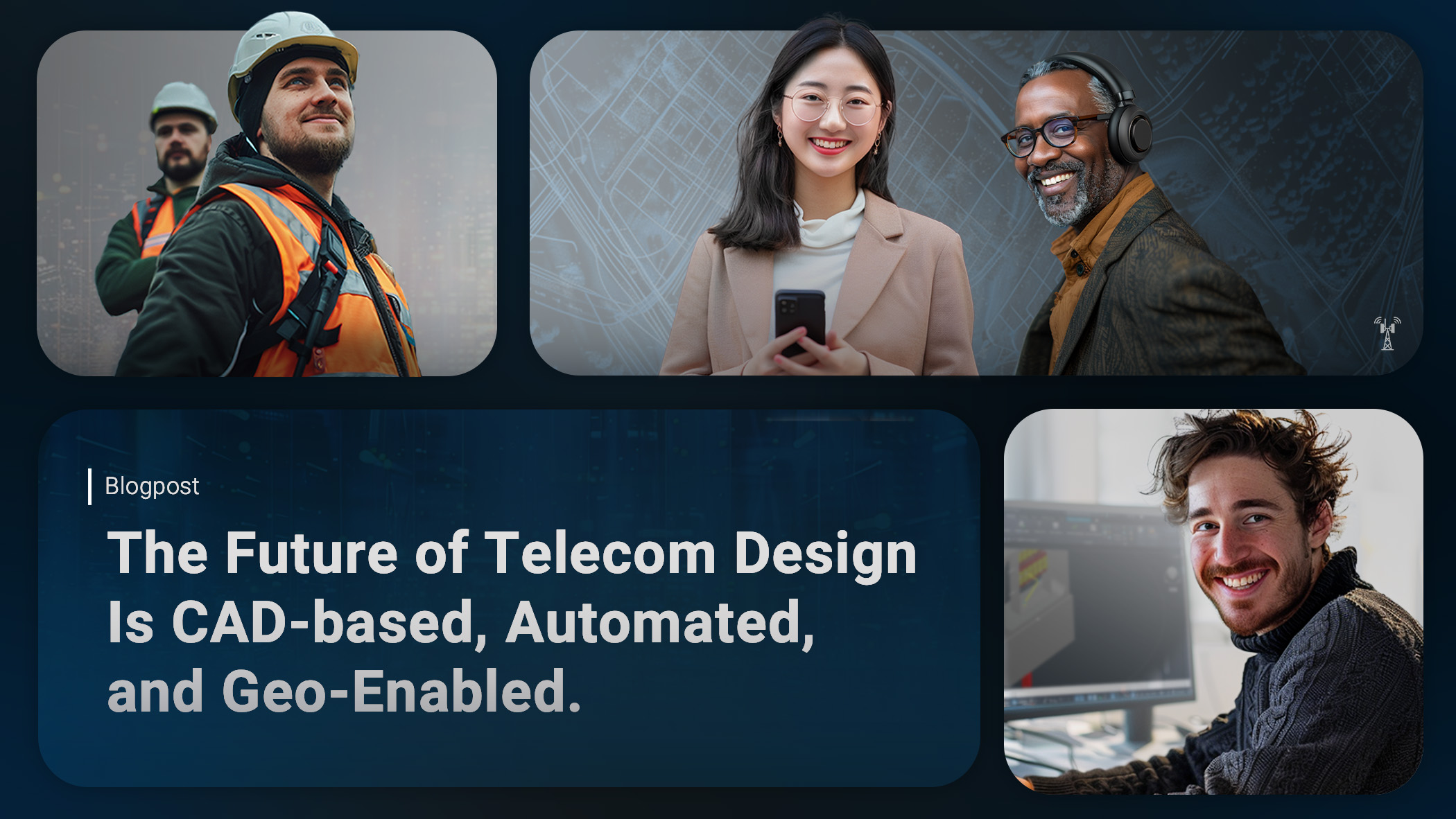Image showing telecommunication field workers, telecom customers, and a telecom designer